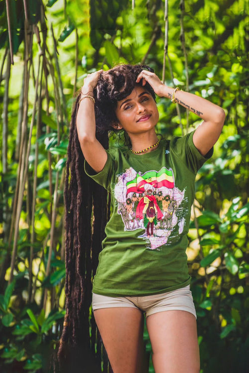 Cooyah Jamaica.  Haile Selassie tee with Ethiopian Flag graphic screen printed on soft, 100% cotton.  As a Jamaican owned clothing brand since 1987, we take pride in bringing you this classic piece.