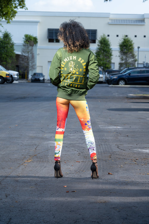 Cooyah Jamaica, Premium Brand Lion Bomber Jacket in olive green.  As a Jamaican owned clothing brand since 1987, we take pride in bringing you this classic piece.