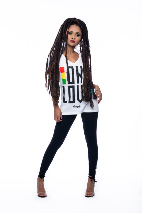 Cooyah Jamaica - Women's One Love V-neck graphic tee. Screen printed in rasta colors on sof 100% ringspun cotton. IRIE