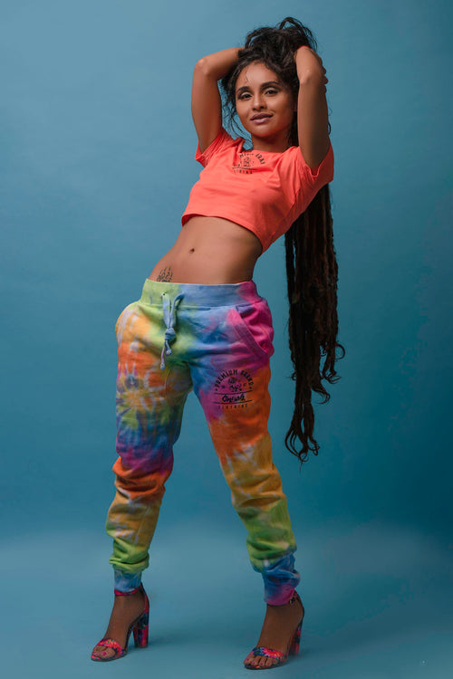 Cooyah Clothing. Women's Premium Brand Tie-Dye Joggers with Lion graphic. Jamaican streetwear clothing brand.
