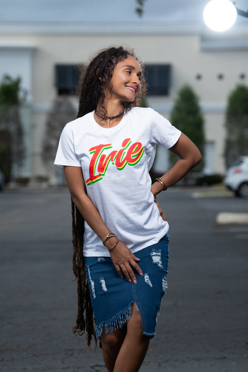 Cooyah Clothing - Women's irie rasta graphic tee. Screen printed in reggae colors on soft 100% ringspun cotton. As a Jamaican owned clothing brand since 1987, we take pride in bringing you this classic piece.