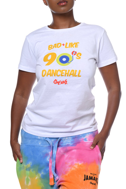 Cooyah Jamaican clothing brand.  Women's Bad Like 90's Dancehall graphic tee.  Soft 100% ringspun cotton.
