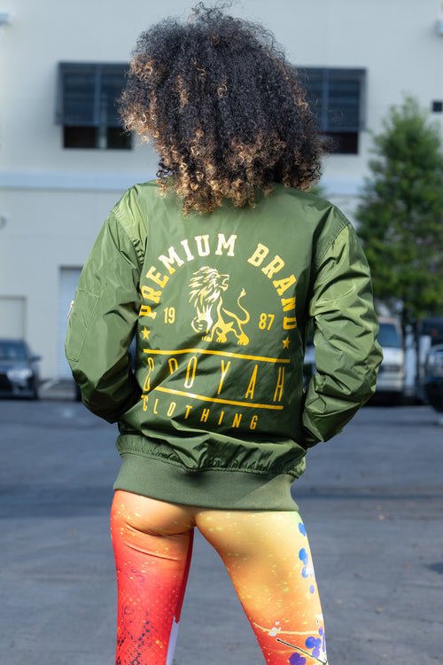 Cooyah Jamaica - Ladies Premium Brand Bomber Jacket with Lion graphic in olive green.  The official reggae clothing brand since 1987.  IRIE