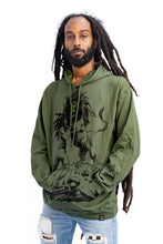 Load image into Gallery viewer, Cooyah rootswear men&#39;s rasta hoodie with Dread and Lion graphic in olive green. Jamaican streetwear clothing.
