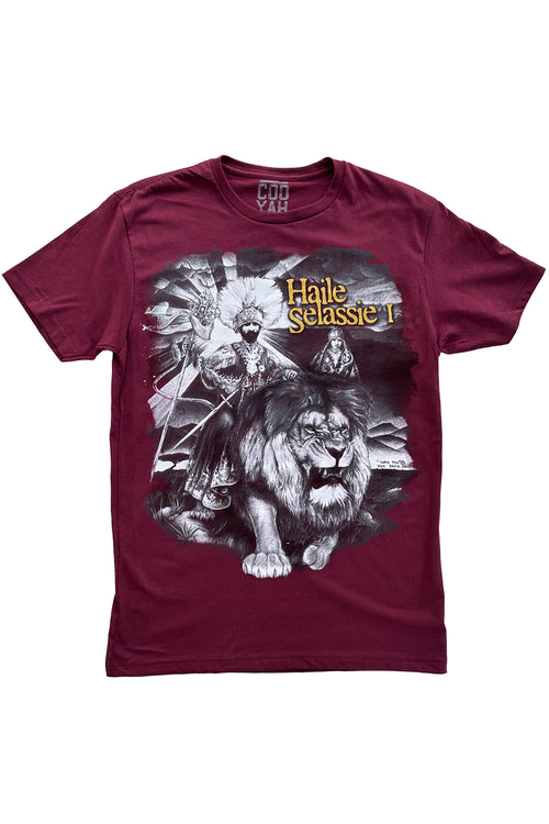 Cooyah Clothing. Haile Selassie King Rastafari men's graphic tee in burgundy. Short sleeve, crew neck, screen printed on 100% ringspun cotton. Jamaican menswear. Rasta