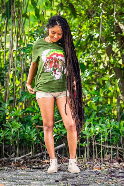Cooyah Empress.  Rastafari Haile Selassie t-shirt with Ethiopian flag design and Africa map.  As a Jamaican owned clothing brand since 1987, we take pride in bringing you this classic piece.