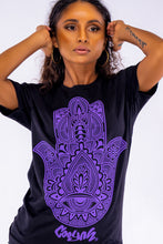 Load image into Gallery viewer, Cooyah Clothing brand.   Women&#39;s black Hamsa graphic tee with purple print.  Ringspun Cotton
