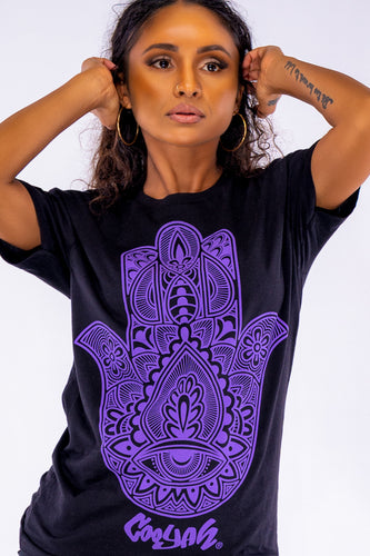 Cooyah Clothing brand.   Women's black Hamsa graphic tee with purple print.  Ringspun Cotton