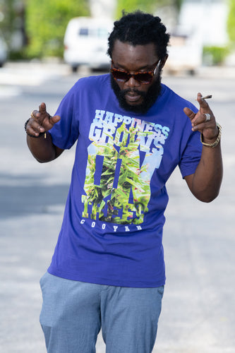 Cooyah Jamaica Happiness Grows on Trees Cannabis Tee in purple.  Jamaican streetwear clothing.