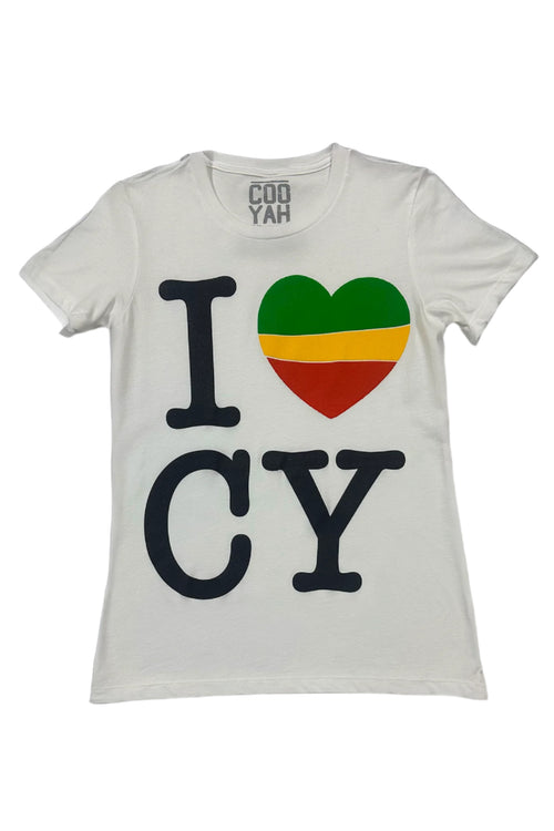 Cooyah Clothing - Women's I Love CY shirt in white with rasta colors heart.