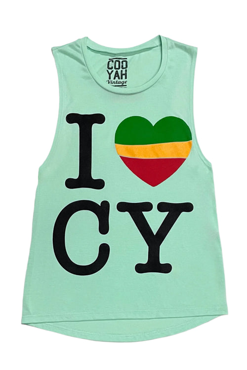 Cooyah Vintage- I Love CY women's tank top in mint green with a boxy loose fit.