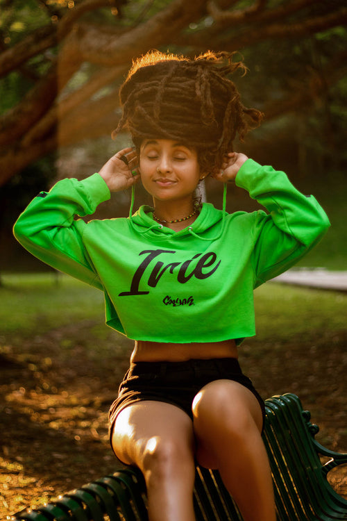 Cooyah Women's lime green cropped hoodie with Irie graphic on the front.