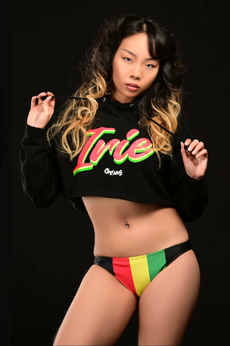 Cooyah Jamaica. Irie Rasta cropped Hoodie. Screen printed with reggae colors. Jamaican streetwear clothing brand since 1987.