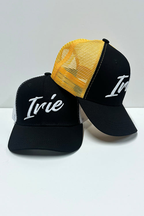 Black and yellow trucker hats with 'Irie' text on a white background