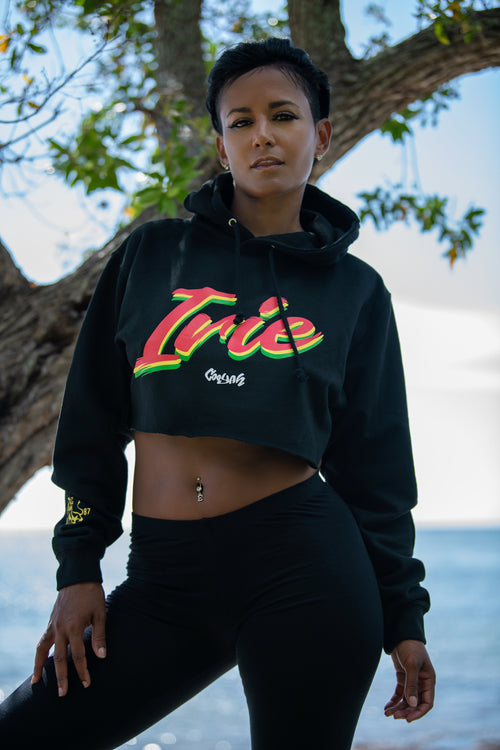Cooyah Clothing - Women's black hoodie with "Irie" text on the front. Screen printed in reggae colors.