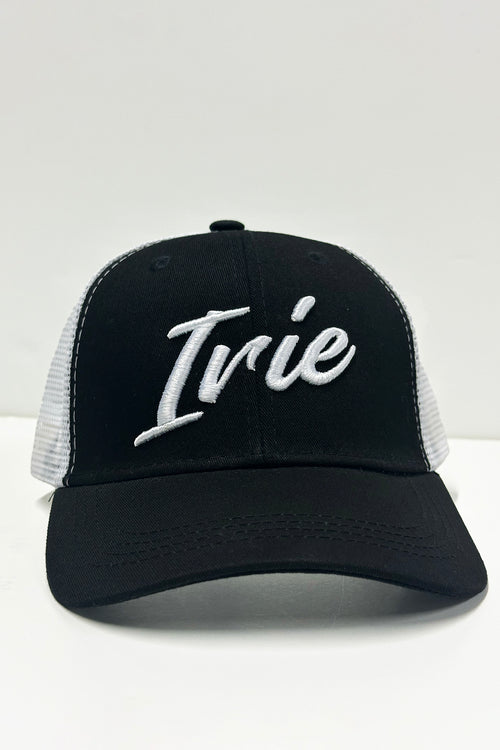 Black cap with 'Irie' text embroidery on a white background