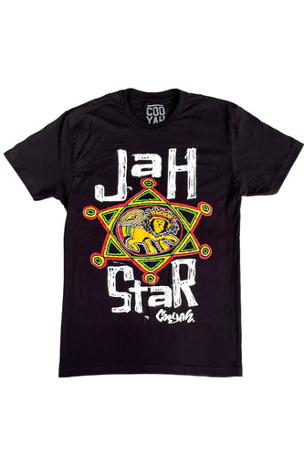 Cooyah Jah Star men's short sleeve tee with screen printed rasta lion graphics. Jamaican reggae streetwear clothing. IRIE