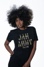 Cooyah Jamaica - Women's short sleeve Jah Army graphic tee with camouflage design. Screen printed on soft, 100% ringspun cotton at Cooyah Studio.