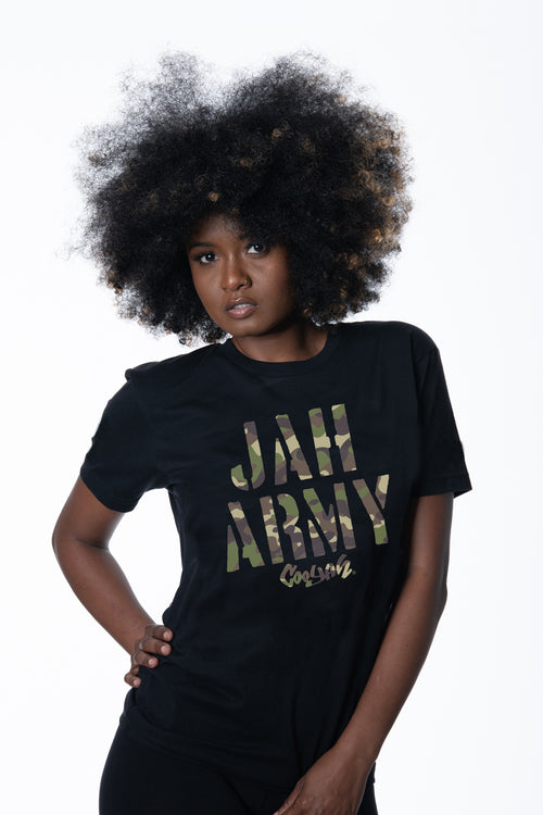 Cooyah Jamaica - Women's short sleeve Jah Army graphic tee with camouflage design. Screen printed on soft, 100% ringspun cotton at Cooyah Studio.