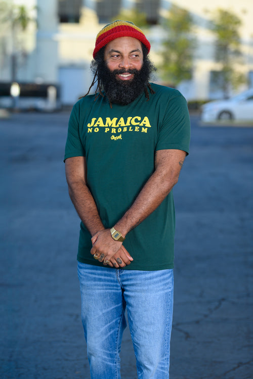 Jamaica No Problem graphic tee in dark green. Cooyah Clothing