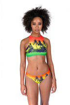 Cooyah Jamaica. Women's Reggae style Bikini with red, yellow, and green tropical palm tree design. 2 piece swimwear. Jamaican beachwear clothing brand.