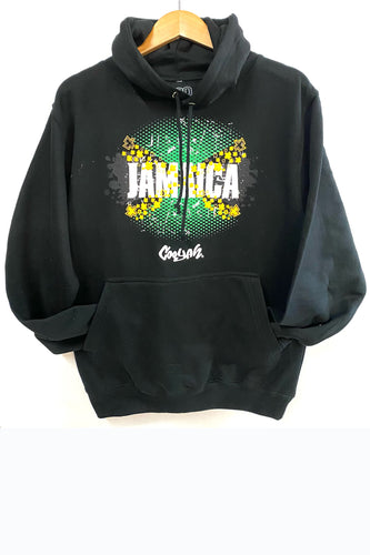 Cooyah Jamaica.  Men's Jamaican Flag pullover hoodie in black.  Caribbean menswear clothing brand.  IRIE