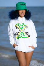 Cooyah Jamaica.  Women's Born a Yardie hoodie in white.  We are a Jamaican owned clothing brand since 1987.