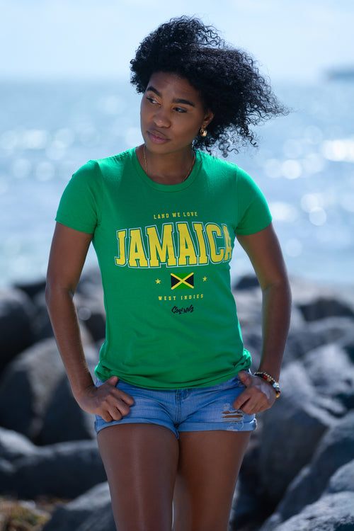 Cooyah - Women's Jamaica Land We Love graphic tees in green.  Screen printed on soft, 100% ringspun cotton.  We are a Jamaican owned clothing brand established in 1987.