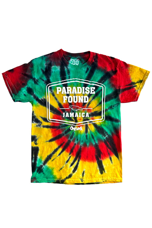 Cooyah Clothing. Men's rasta tie-Dye graphic tee with Paradise Found Jamaica Design. Ringspun cotton, short sleeve, crew neck. Jamaican reggae brand.