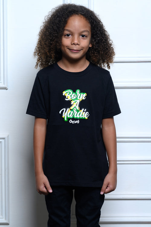 Cooyah Born a Yardie Kid's Jamaica Shirt in  black with Jamaican flag print.