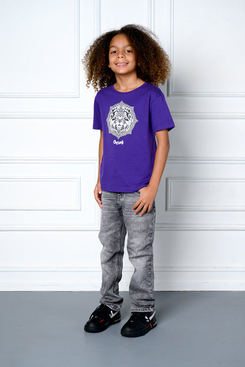 Cooyah Clothing - kids purple t-shirt with a lion mandala design and a white bucket hat with 'Irie' embroidered text.