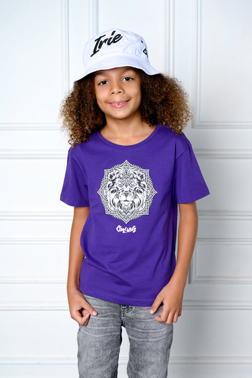 Cooyah Clothing - kids purple t-shirt with a lion mandala design and a white bucket hat with 'Irie' embroidered text.