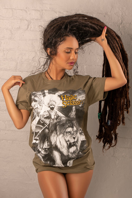 Haile Selassie graphic tee in olive green. Cooyah Clothing.