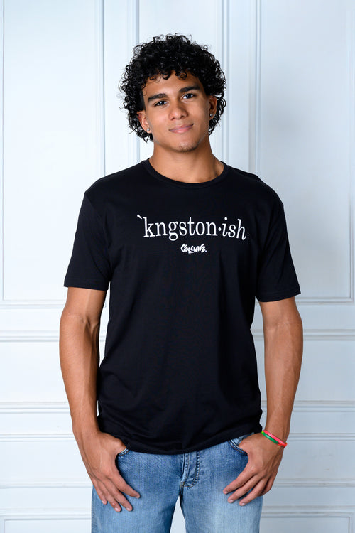 Cooyah - Men's Kingstonish graphic tee. This black cotton tee features a clean typographic design and authentic Cooyah logo print.  Jamaican streetwear.