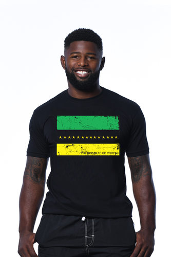 Cooyah Jamaica.  Men's 14 Star Republic tee.  Short sleeves, screen printed in Jamaican colors with a vintage style print.  Ringspun cotton.  Reggae clothing