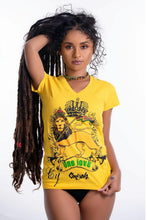 Load image into Gallery viewer, Cooyah Clothing.  Women&#39;s v-neck Rasta One Love Lion Crown graphic tee.  Jamaican clothing brand.  IRIE

