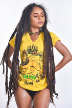 Load image into Gallery viewer, Cooyah Clothing. Women&#39;s v-neck Rasta One Love Lion Crown graphic tee. Jamaican clothing brand. IRIE
