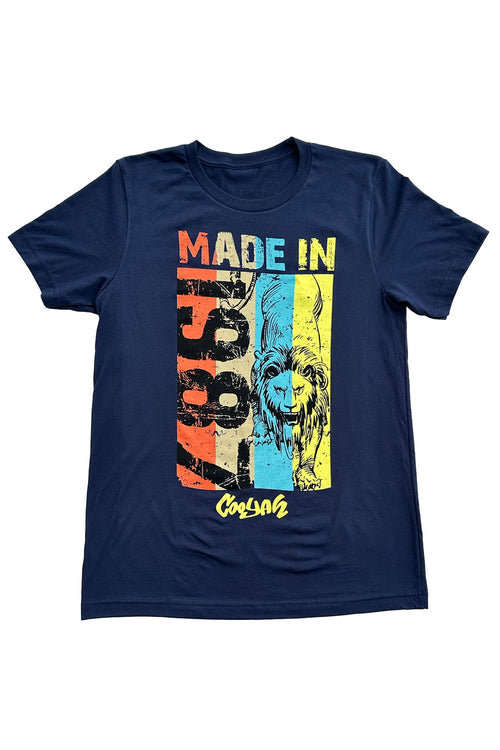 Cooyah Jamaica. Men's Lion Prowler graphic tee in navy blue. Jamaican streetwear clothing brand since 1987. IRIE