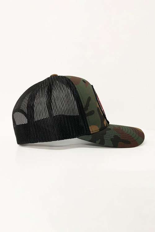 Camoflouge trucker hat with embroidered Lion of Judah patch by Cooyah Clothing.