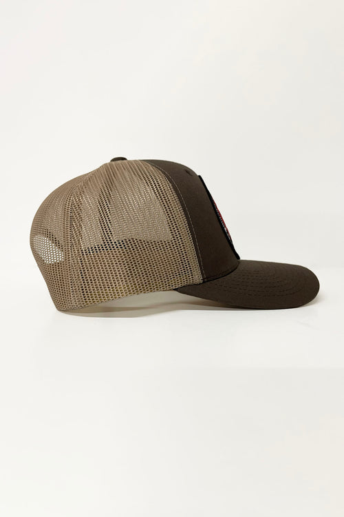 Men's trucker hats in brown.