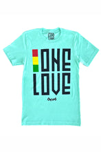 Load image into Gallery viewer, Cooyah Jamaica. One Love men&#39;s graphic tee in mint green. Crew neck, short sleeve, ringspun cotton screen printed in reggae colors. Jamaican clothing brand.
