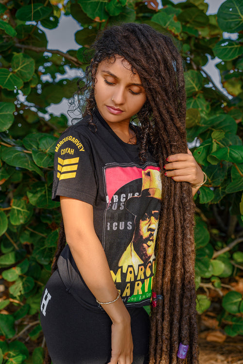 Cooyah Jamaica. Marcus Garvey graphic tee. Ringspun cotton, crew neck, short sleeve, womens' t-shirt. We are a Jamaican clothing brand established in 1987.