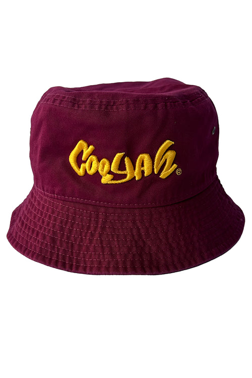 Cooyah Jamaica burgundy bucket hat with embroidered  logo. Jamaican streetwear, beachwear clothing. Unisex accessories.