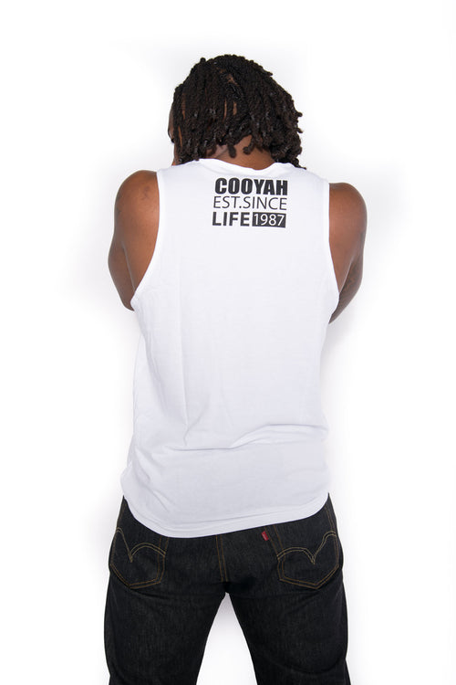 Cooyah Jamaica Men's Standing Lion Tank Top in white. As a Jamaican owned clothing brand since 1987, we take pride in bringing you this classic reggae tank top.