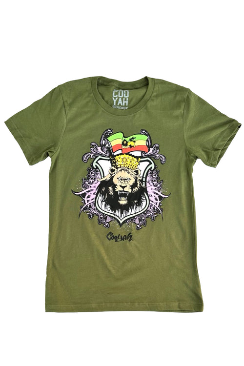 Cooyah Clothing, Men's Rasta Lion short sleeve graphic tee in olive green.  Jamaican streetwear Ethiopia Flag T-Shirt