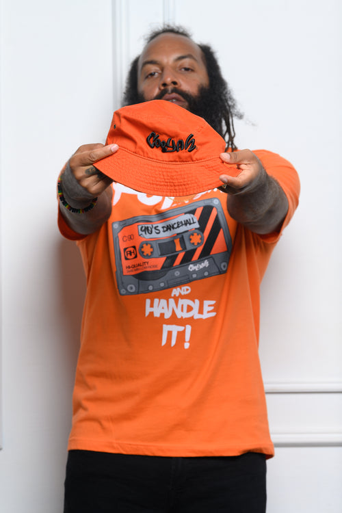 Cooyah Men's 90's Dancehall cassette tape graphic tee in orange.  Screen printed on soft, 100% ringspun cotton.