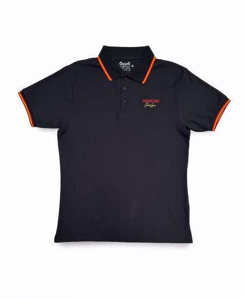 Black polo shirt with Cooyah embroidery on the front and red accents on a white background