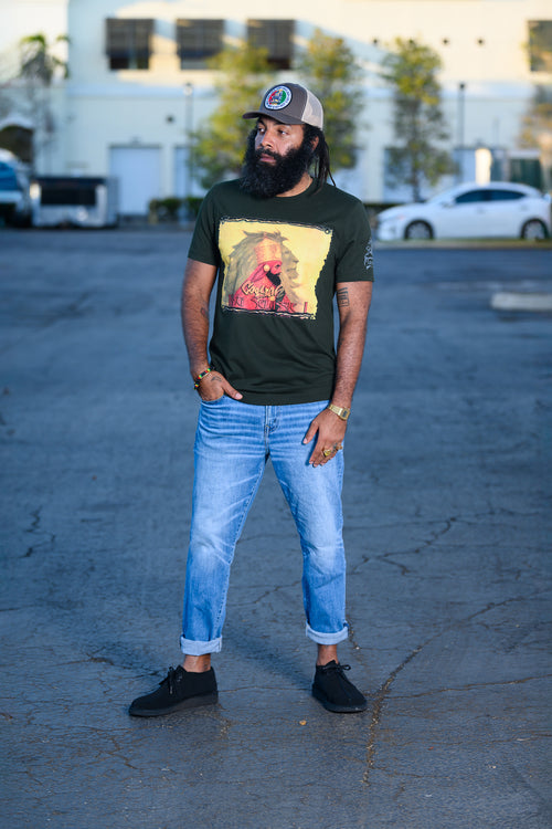 Cooyah - Men's Haile Selassie Lion graphic tee in green.  Jamaican streetwear company established in 1987.