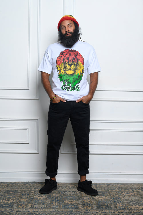 Cooyah Men's Big Face Rasta Lion graphic tee.  Screen printed in reggae colors on soft, 100% ringspun cotton.