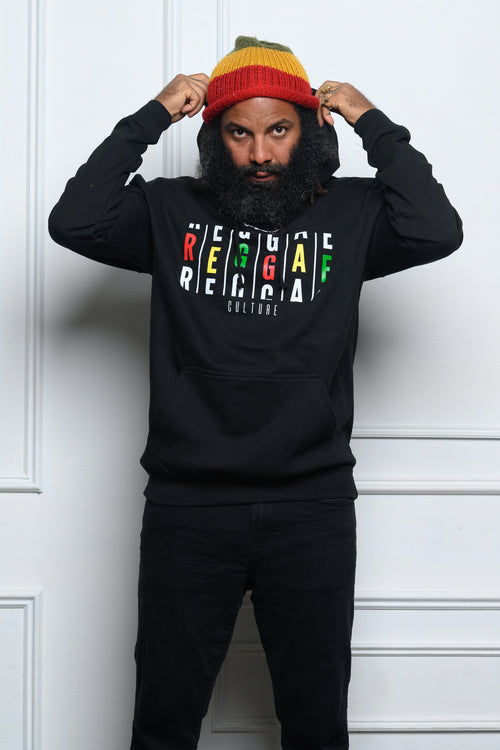Cooyah men's Reggae Culture hoodies in black.  Screen printed in rasta colors.  We are a Jamaican owned streetwear clothing brand since 1987.